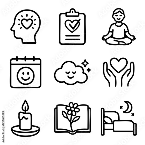 A cute doodle icon set featuring mental health, self-care, mindfulness, meditation, relaxation, and wellness concepts in a playful style