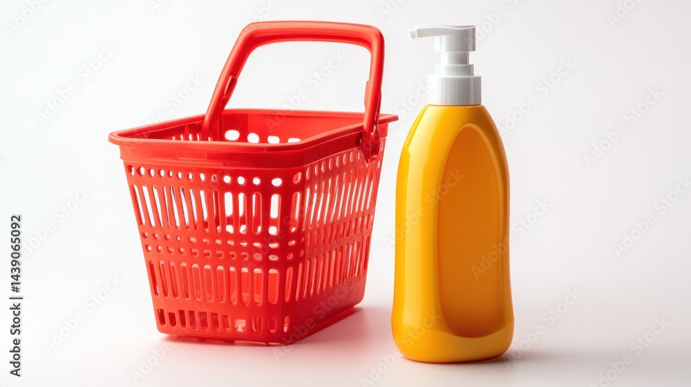 Fototapeta premium Red shopping basket, yellow bottle, white background, product display