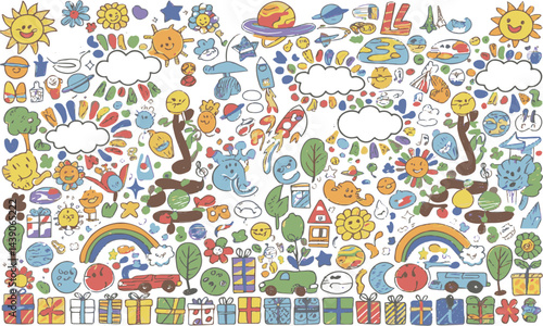  Colorful modern vector illustration filled child's hand drawing ,easily editable.