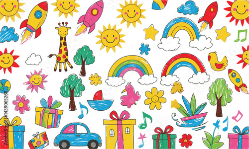 Colorful modern vector illustration filled child's hand drawing ,easily editable.