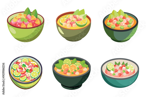 Six Bowls of Appetizing Ceviche with Various Citrus and Herbal Garnishments