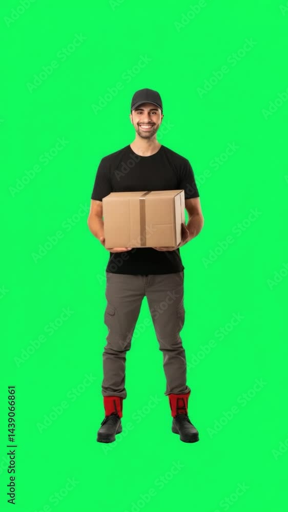 Delivery Driver with Package: A cheerful delivery driver holds a cardboard package, smiling directly at the viewer, set against a vibrant green background, conveying efficiency and reliable service. Delivery Driver with Package: A cheerful delivery driver holds a cardboard package, smiling directly at the viewer, set against a vibrant green background, conveying efficiency and reliable service.