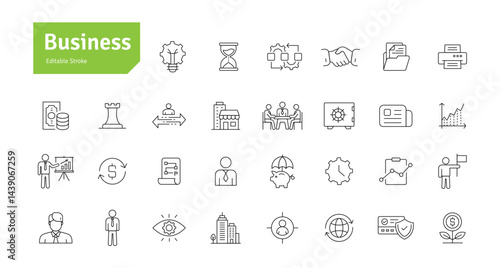 Business Line Icons Set. Strategy, Success, Businessman Editable Stroke Vector Illustration