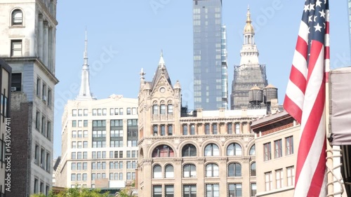 Wallpaper Mural New York City Manhattan Midtown street architecture. Empire State building, iconic high-rise skyscraper, USA. American flag and urban cityscape, famous NYC tower, United States. Union Square, Broadway Torontodigital.ca
