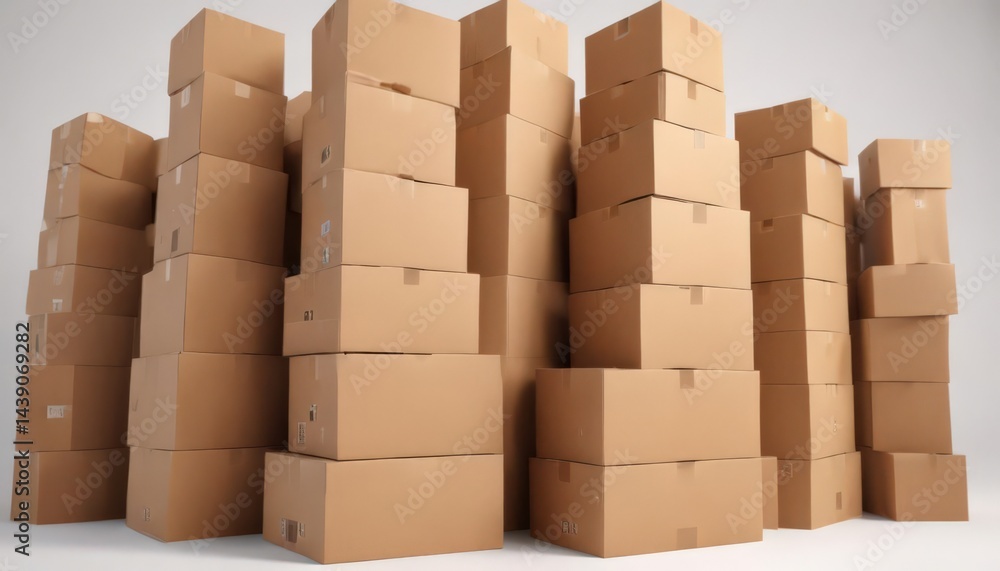 Stack of brown cardboard boxes isolated on white , green, brown Stack of brown cardboard boxes isolated on white , green, brown
