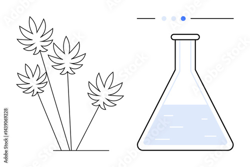 Cannabis plants alongside lab flask filled with liquid, representing testing and research. Ideal for medicine, science, healthcare, innovation, chemistry, agriculture, simple landing page