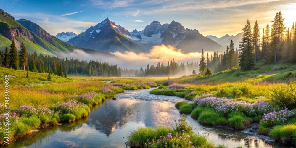Fototapeta premium Serene Sunrise Over a Mountain River Valley with Blooming Meadows