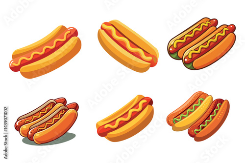 Cartoon hot dog collection with mustard and ketchup condiments on a white background
