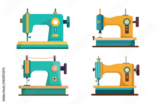 Four flat design sewing machine illustrations in turquoise and yellow colors