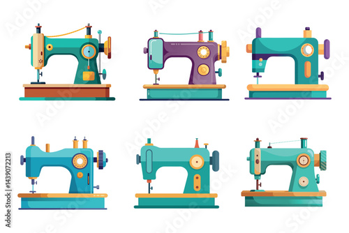 Diverse Collection of Colorful Sewing Machines in a Stylized Vector Illustration