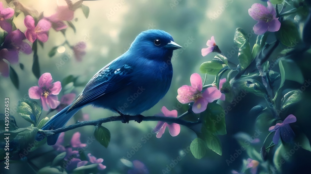 青い鳥がピンクの花咲く枝に止まり春の庭の美しい背景にいる様子 青い鳥がピンクの花咲く枝に止まり春の庭の美しい背景にいる様子
