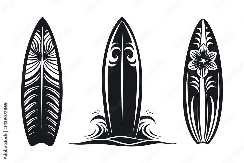 Three surfboards featuring different graphic designs in black and white color Three surfboards featuring different graphic designs in black and white color
