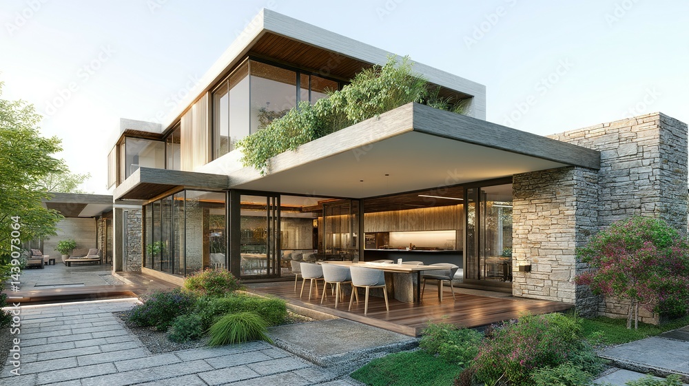 Fototapeta premium Contemporary residence exterior design with modern landscaping.