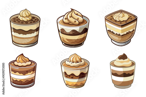 Delicious looking cartoon layered desserts topped with cream, a sweet temptation