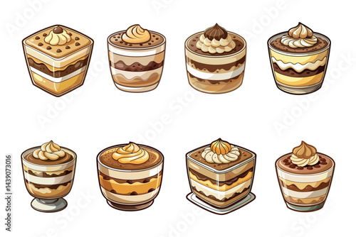 Delicious Cartoon Dessert Collection Featuring Various Tiramisu in Different Glassware