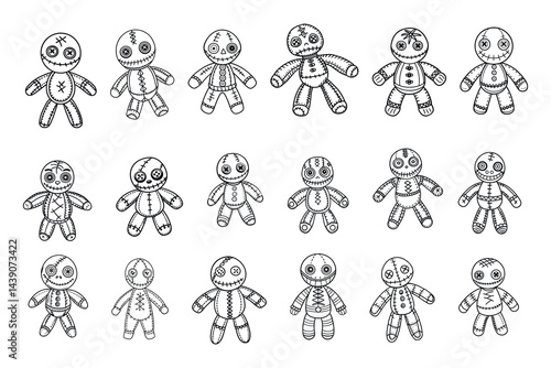 Collection of Voodoo Dolls with Stitched Features in Line Art Style