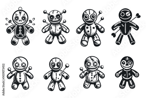 Collection of black and white voodoo doll vector illustrations, hand drawn style