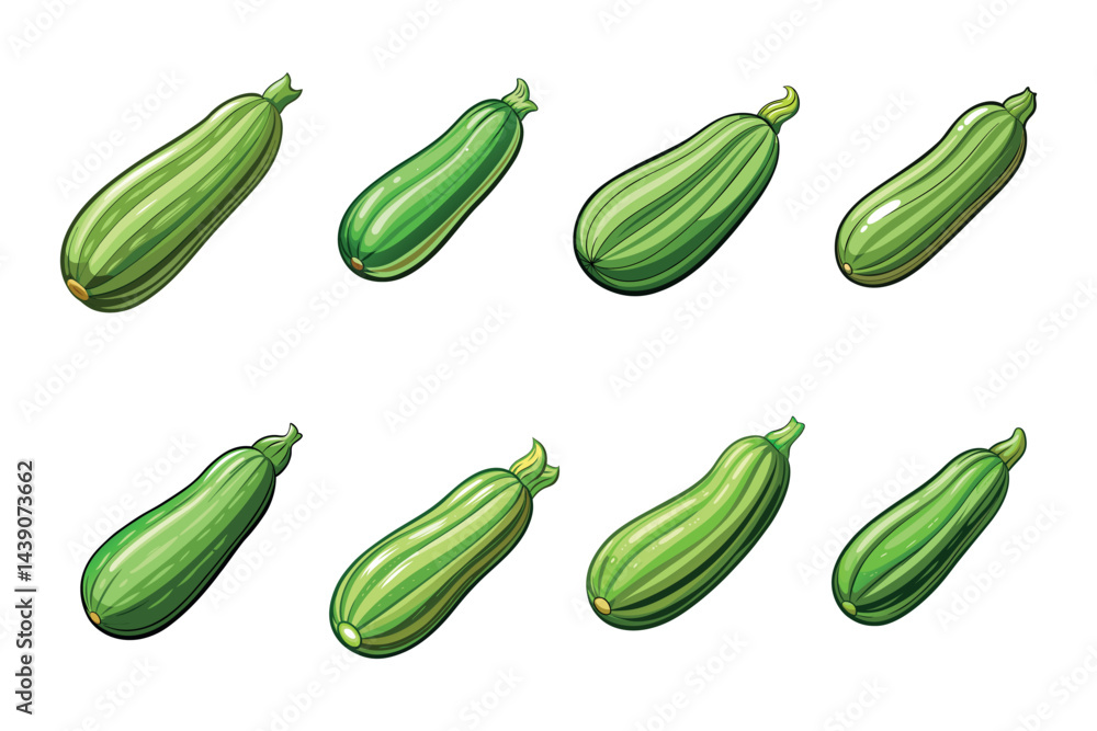 Collection of fresh green zucchini vegetables arranged on a white background Collection of fresh green zucchini vegetables arranged on a white background