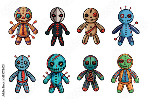 Variety of Voodoo Dolls Displaying Different Designs and Colors in Cute Style