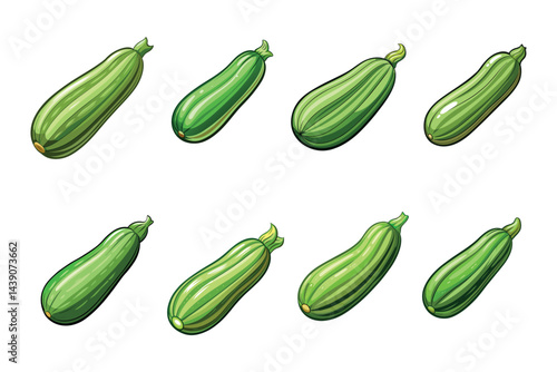 Collection of fresh green zucchini vegetables arranged on a white background