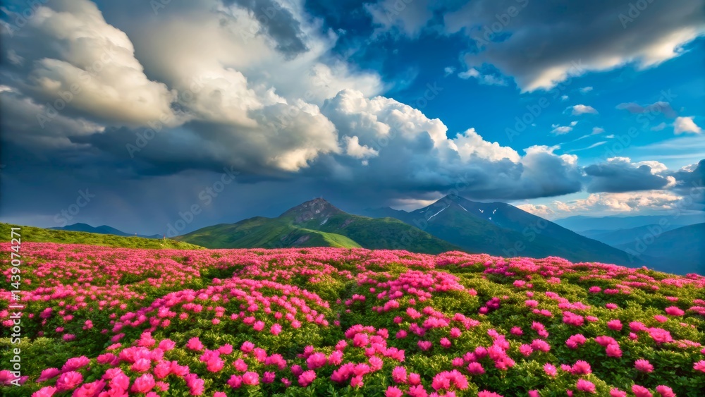 Fototapeta premium Vibrant Pink Flowers Against Majestic Mountains and Dramatic Sky