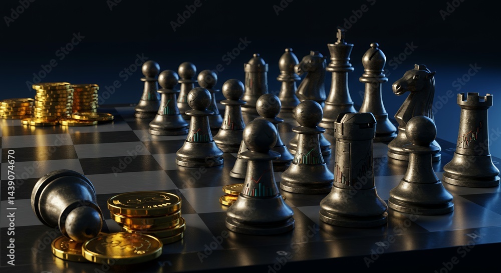 Strategic Financial Investment Chessboard with Gold Coins and Symbolic Charts on Pieces Strategic Financial Investment Chessboard with Gold Coins and Symbolic Charts on Pieces