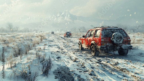 Winter adventure journey through snowy mountains remote road landscape scenic view travel experience