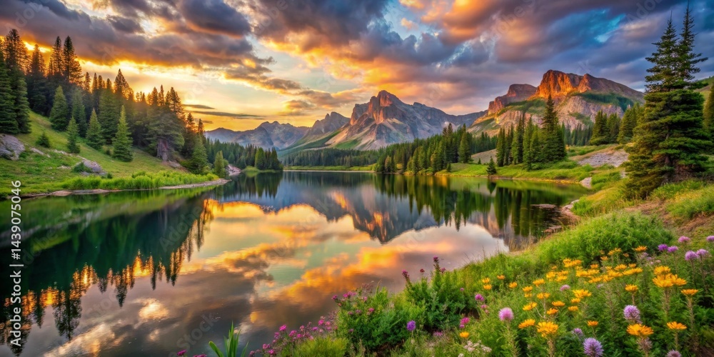 Fototapeta premium Serene Sunset Over a Mountain Lake Reflected in Still Waters, Wildflowers in Bloom Along the Shore