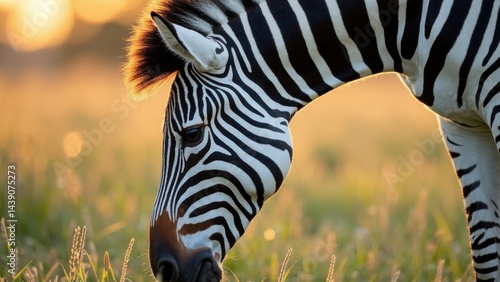 Close-up of a zebra grazing in tall grass during early morning, its elegant stripes visible in soft light, showcasing a tranquil moment in the wild.