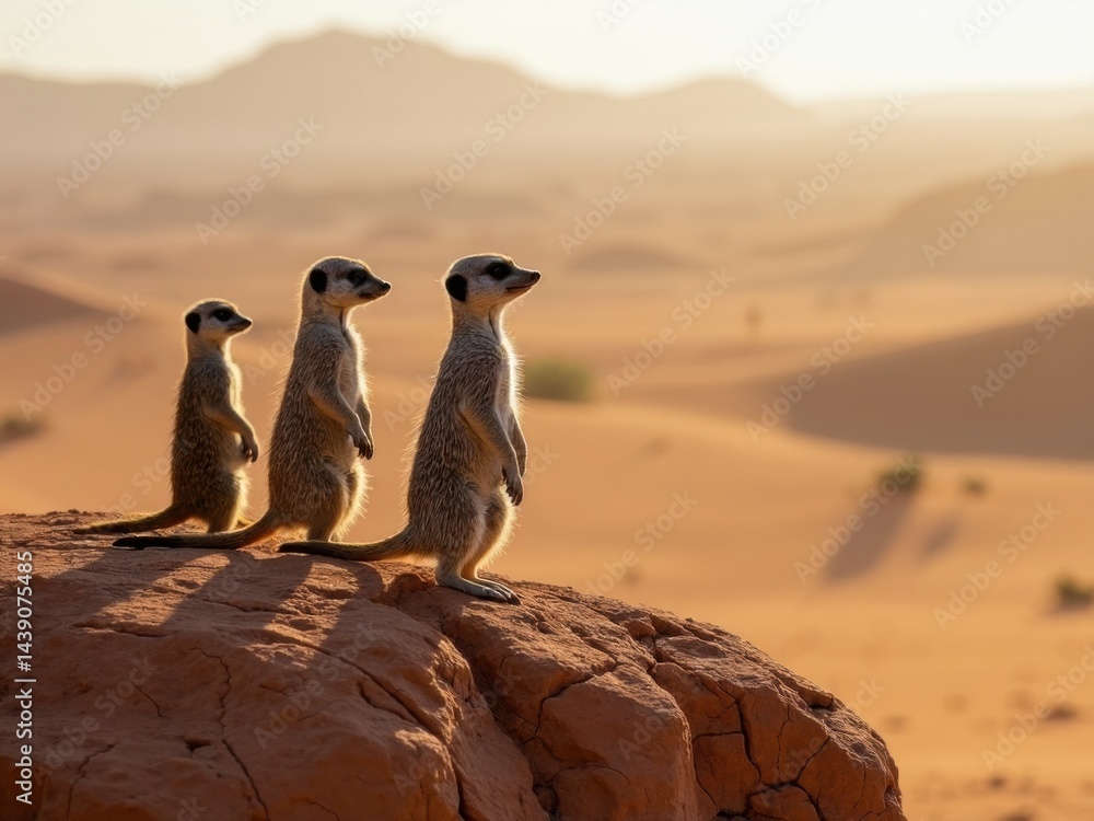 A trio of meerkats stands watchfully on a rock in the Kalahari Desert, silhouetted against the glowing sunset. Their vigilant posture reflects a keen sense of alertness.