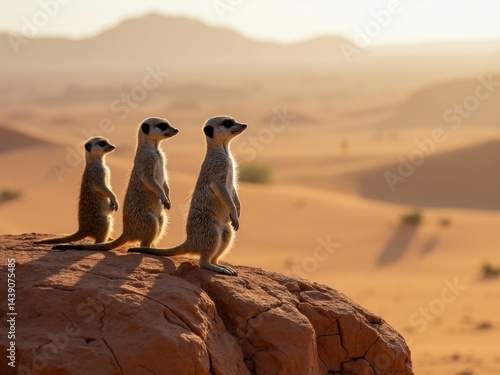 Obraz na płótnie A trio of meerkats stands watchfully on a rock in the Kalahari Desert, silhouetted against the glowing sunset. Their vigilant posture reflects a keen sense of alertness. w salonie