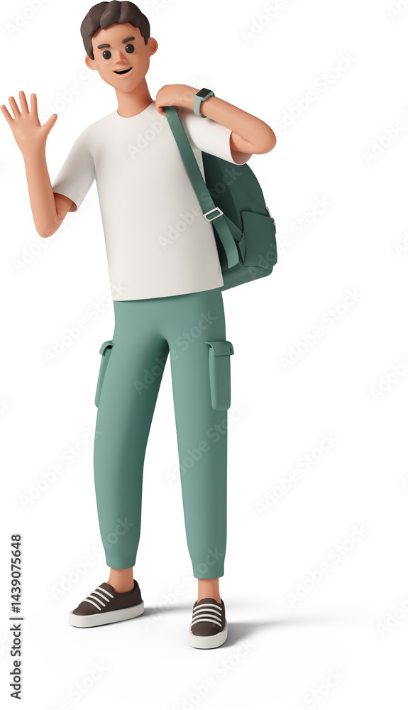 young man with backpack on one shoulder waving young man with backpack on one shoulder waving