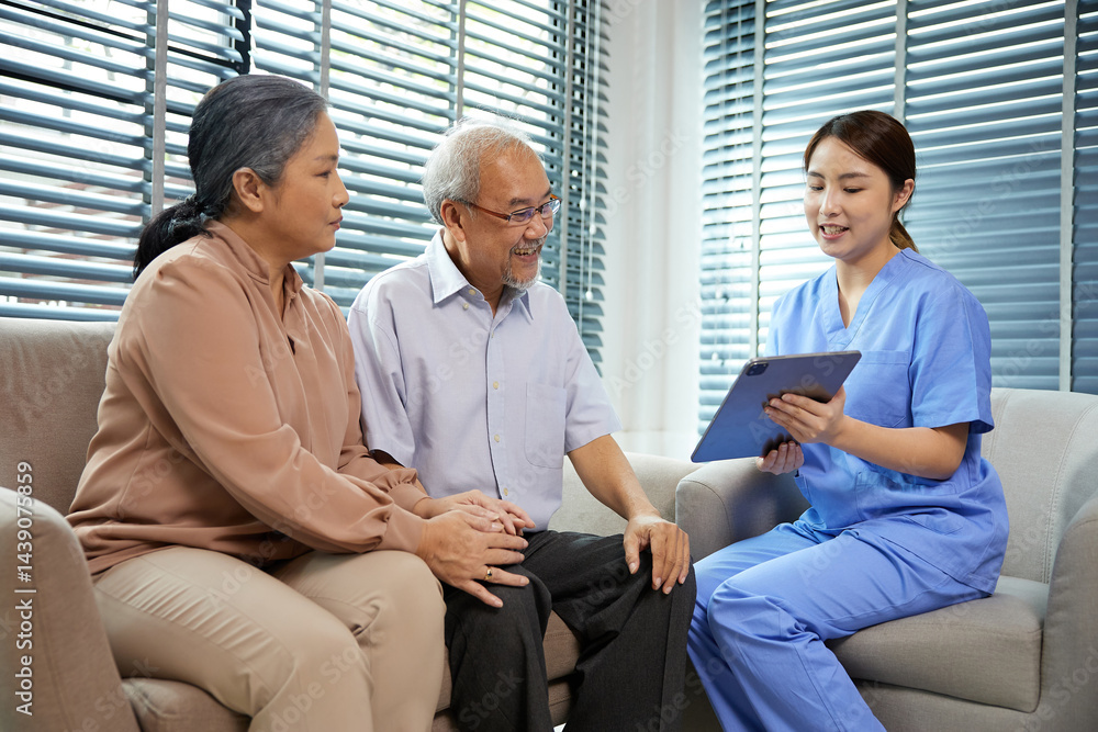 nurse or caregiver meeting and talking with about health with senior couple nurse or caregiver meeting and talking with about health with senior couple