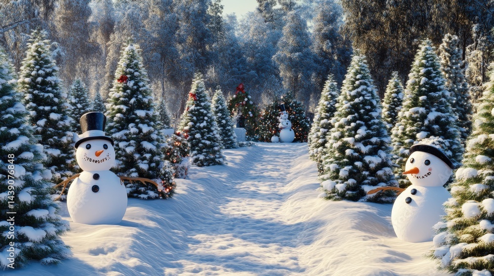 Obraz premium Snowy winter forest path with festive snowmen and Christmas trees.