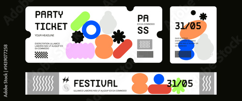Сontrol ticket bracelets for events, disco, festival, fan zone, party, staff. Vector mockup of a festival bracelet in a bauhaus style.	
