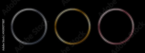 Gold and silver circle thin frame set. Shiny metal foil circle border collection. Golden glowing boarder bundle in art deco style. Linear round element pack for photo, cadre, card, emblem. Vector 
