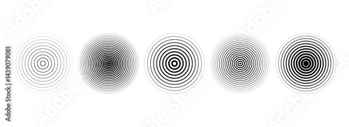 Black linear concentric circle set. Fading round sound wave collection. Epicenter, target, radar, sonar icon concept. Radial radio signal or vibration element pack. Vector striped symbols
