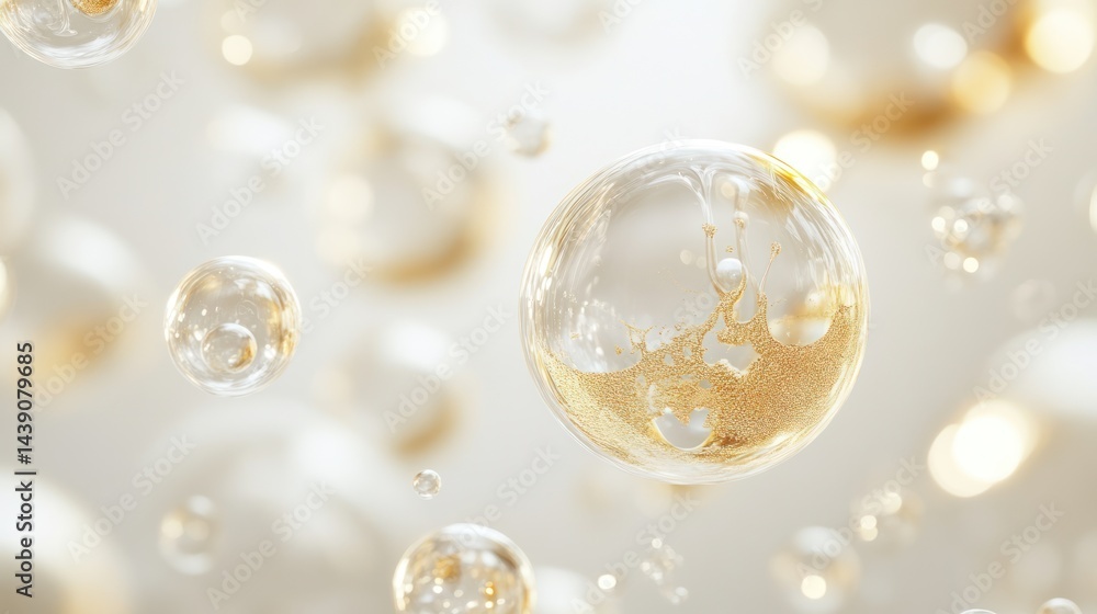Fototapeta premium Golden oil bubbles float, abstract background, skincare ad