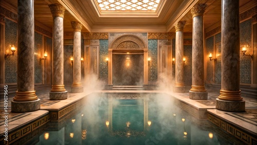 Luxurious Ancient Roman Bath Interior with Columns, Reflective Pool, and Warm Ambiance