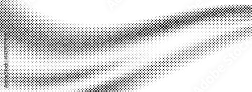 Black halftone dot wave pattern. Abstract grain fluid texture. Dotted curve wallpaper. Gritty undulate swoosh overlay for poster, banner, brochure, flyer, leaflet, brochure. Vector background