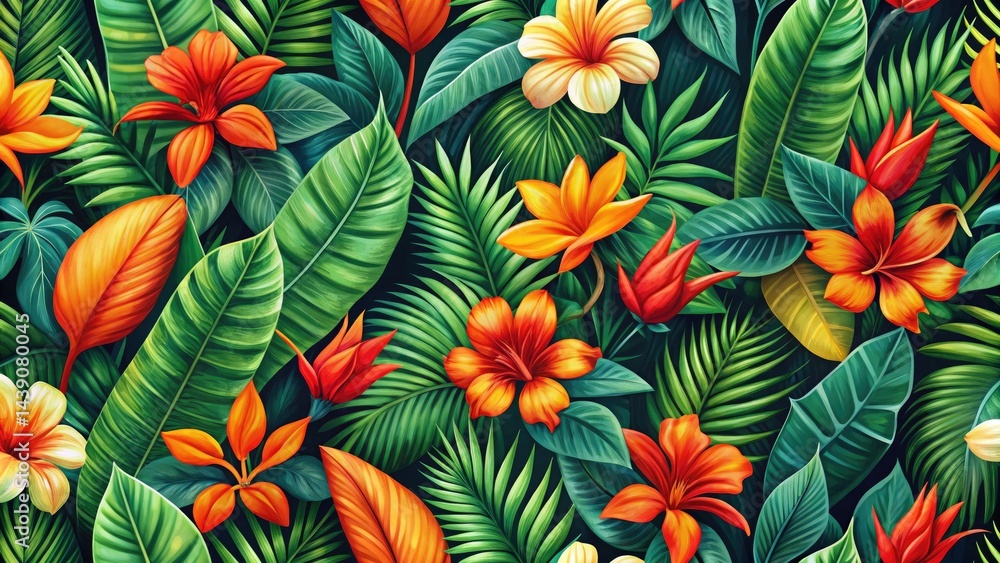 Tropical Leaf Seamless Pattern, Orange Flower Print, Botanical Wallpaper, Summer Design, Fabric Texture Tropical Leaf Seamless Pattern, Orange Flower Print, Botanical Wallpaper, Summer Design, Fabric Texture