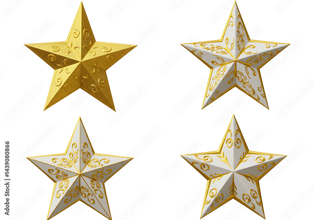 Fototapeta premium Four Elegant Gold and White Stars – Festive Design Elements PNG