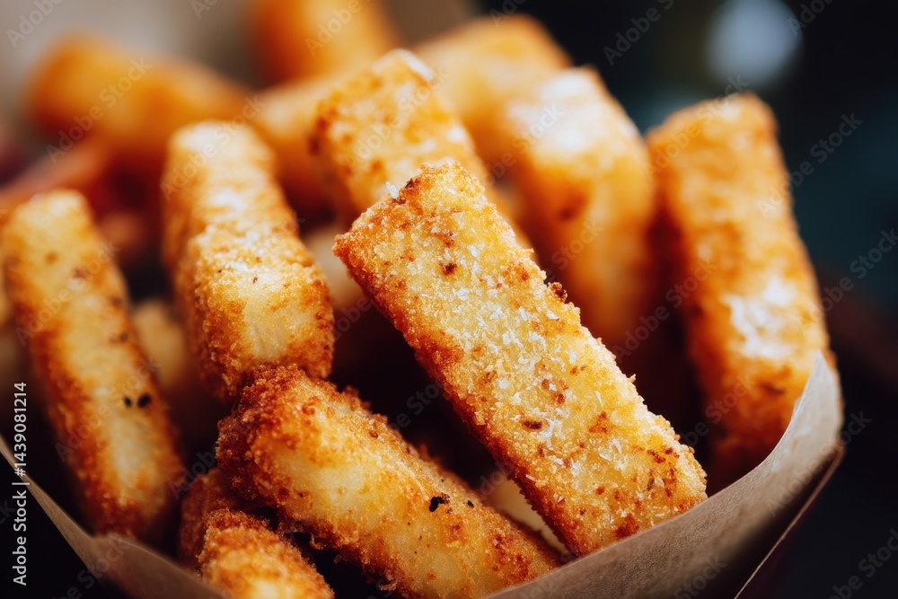 Aerial view of tasty breaded rectangular fish sticks Aerial view of tasty breaded rectangular fish sticks