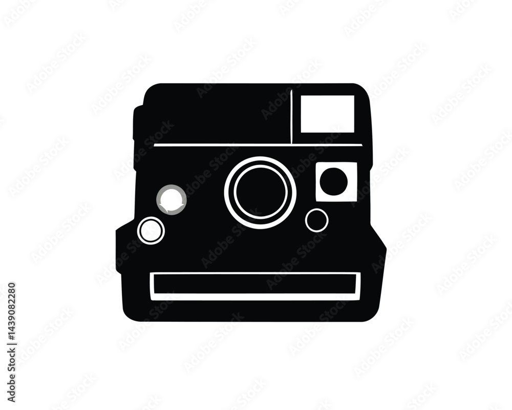 Fototapeta premium Polaroid Camera Silhouette. A black silhouette of a Polaroid camera, also referred to as vintage instant camera, featuring classic rectangular design elements. Vector clipart illustration design.