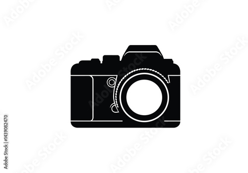Camera Silhouette. This image shows a black silhouette of a camera, also referred to as a photography device or DSLR, showcasing its lens and button details. Vector clipart illustration design.