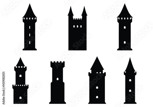 Castle Tower Silhouette. This image shows a black silhouette of a castle tower, also referred to as a fortress or stronghold, with distinct architectural features. Vector clipart illustration design.