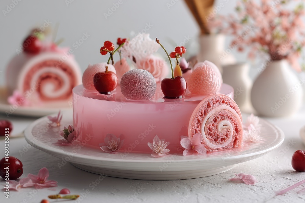 An exquisite pink jelly dessert with rolled cake layers garnished with lychee and cherries Ideal for celebrations An exquisite pink jelly dessert with rolled cake layers garnished with lychee and cherries Ideal for celebrations