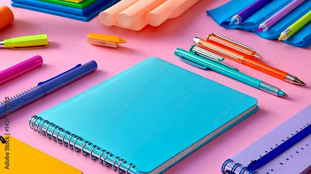Colorful stationery arrangement with notebooks and pens on pink background Colorful stationery arrangement with notebooks and pens on pink background