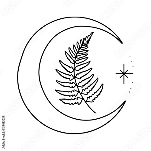 Moon and Fern Symbol for Ivan Kupala Day in Minimalist Style  