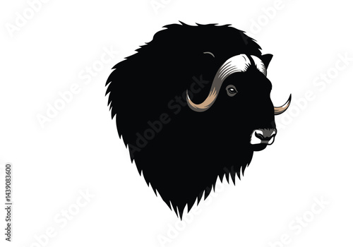 Musk Ox Head Silhouette. This image shows a black silhouette of a musk ox head with prominent horns and shaggy fur, referred to as tundra bovine or arctic bison. Vector clipart illustration design.